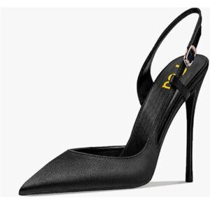 FSJ Black Satin Women's Pointed Toe D'Orsay High Heel Slingback Pumps
